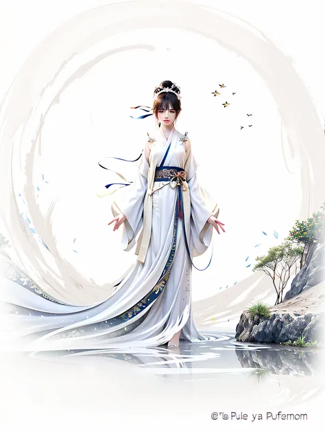 Painting a woman in a white dress standing in the water, White Hanfu, Palace ， A girl in Hanfu, Flowing white robe,Clear facial expressions, Close eyes and lower eyebrows, Beautiful character painting, flowing hair and long robes, Chinese painting style, w...