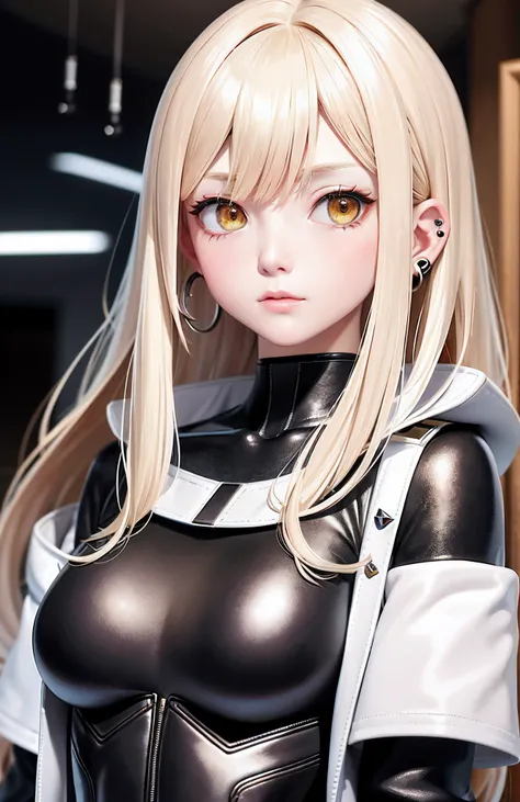 optimum，tmasterpiece，A high resolution，best qualtiy，hyper HD，super detailing，Award-Awarded，16k，独奏，（（The upper part of the body）），（（Bust）），anatomy correct，Beautiful cyberpunk girl，cute  face，，Gradient Beige Hair，Hairline，（（Bright golden eyes）），long eyelashe...