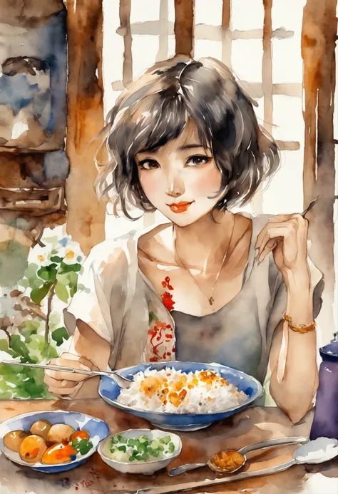 Young woman with short hair Japan、Eating rice with a spoon、slender、tshirts、