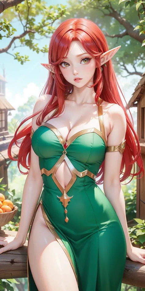 medium and perfect breasts ((Best quality)), ((beautiful elf)) ((light red hair loose)) ((Masterpiece)), extremely sexy body, comfortable and sexy elf clothes, sunlight, ((elf living in a tree house)), elf tree house, charming body, vine, vine, perfect lip...