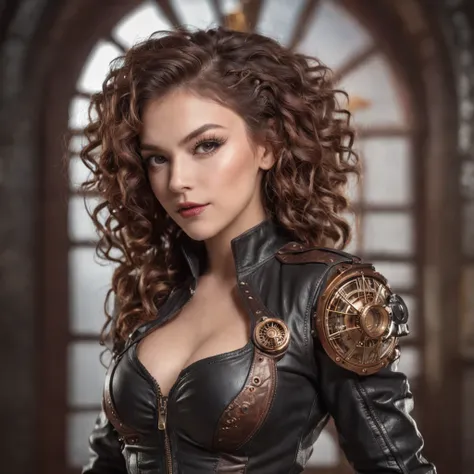 steampunk woman with curly hair wearing a steampunk bodice and leather jacket draped over shoulders with detailed seductive alluring eyes in a salon ((full body including legs)), best quality masterpiece, photorealistic, detailed, 8k, HDR, shallow depth of...