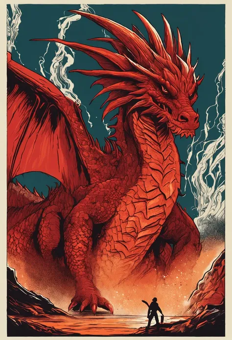 In the heart of a raging volcano, A magnificent vision unfolds. A majestic red dragon emerges from the burning depths, suas escamas cintilam com um calor intenso. The dragons wings extend wide, projetando uma sombra sobre a lava derretida abaixo. Seus olho...