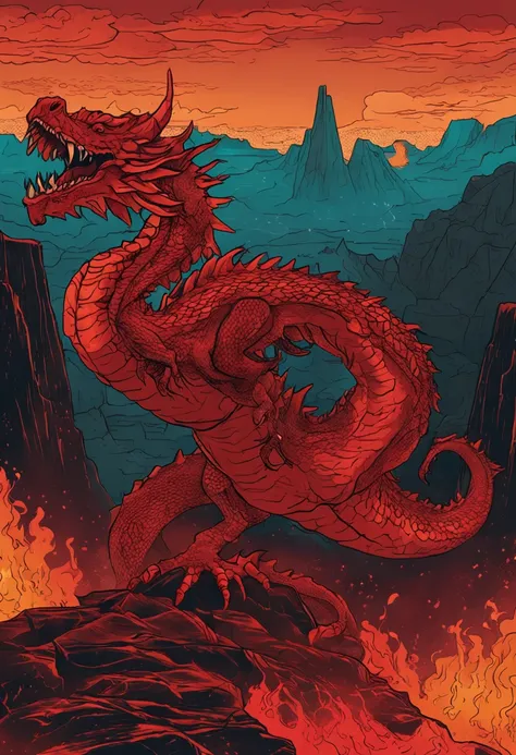 In the heart of a raging volcano, A magnificent vision unfolds. A majestic red dragon emerges from the burning depths, suas escamas cintilam com um calor intenso. The dragons wings extend wide, projetando uma sombra sobre a lava derretida abaixo. Seus olho...