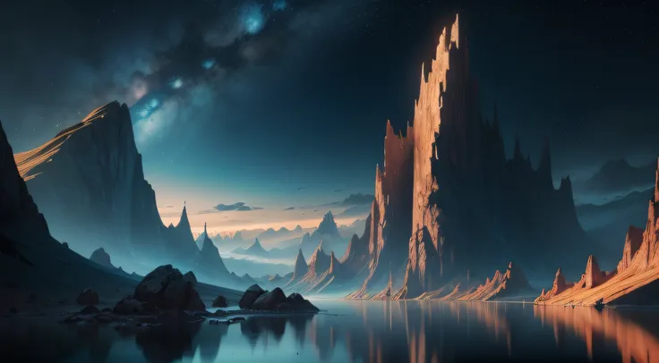 mountains and a lake with a starry sky, 4k arte digital altamente detalhada, 4k hd wallpaper muito detalhado, paisagem de fantasia impressionante, sci-fi fantasia desktop wallpaper, unreal engine papel de parede 4k, 4k arte digital detalhada, papel de pare...