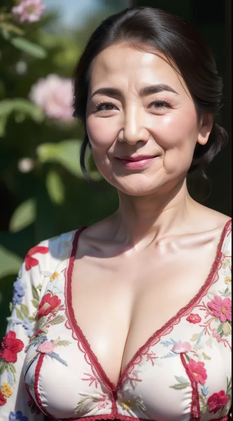 1 JAV actress 82 years old，Elegant Feminine，Happy and attractive，up of face，Staring at this, There are fine lines on the face，Mature sexy woman, masutepiece, Best Quality, Busty body，bra very, panties on, （There are intricate embroidery patterns），Has a hug...