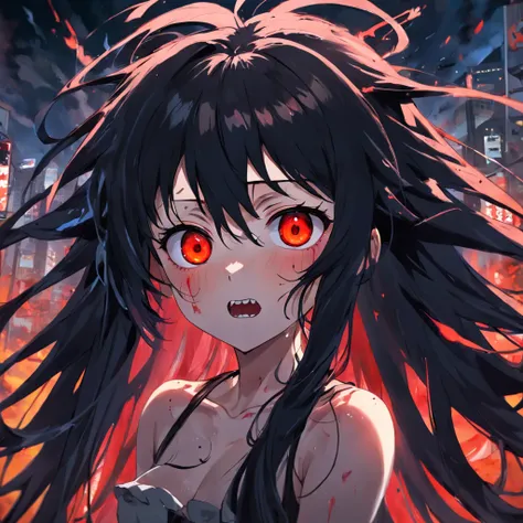 ahoge, messy hair, long hair, black hair, crazy eyes, red eyes, devil pupils, crazy, blush, evil, masterpiece, textured skin, UHD