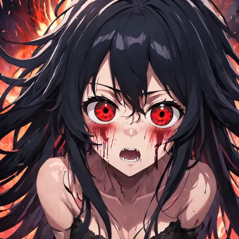 ahoge, messy hair, long hair, black hair, crazy eyes, red eyes, devil pupils, crazy, blush, evil, masterpiece, textured skin, UHD