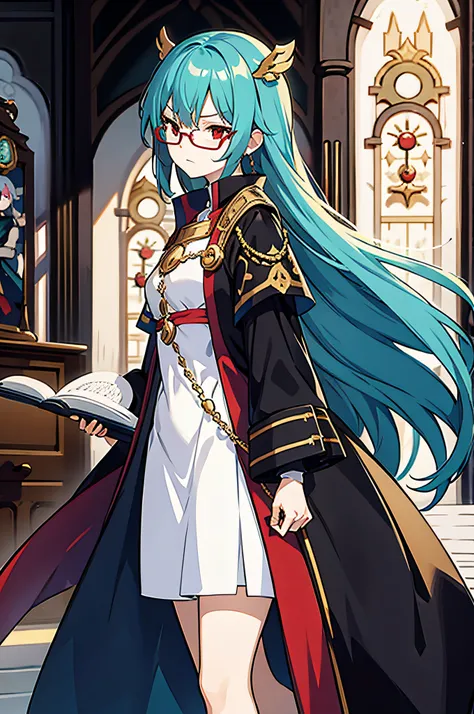 (best quality, masterpiece, extremely detailed), 1girl, adult, human, solo, long teal hair, red eyes, stern angry expression, black glasses, white medieval wizard professor short dress with gold ornaments, magic room, close up, medieval classroom,