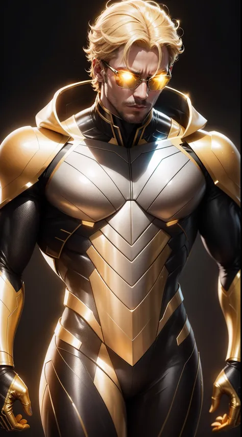 Modelo 1 - "Golden Brain": Prompt: Create a realistic and technological NFT from a studious superhero. The character is known as "Golden Brain". He has a predominantly yellow and black metallic suit, com detalhes em tons de dourado. His expression reflects...