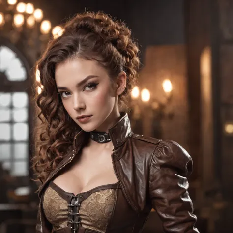 steampunk woman with curly hair wearing a steampunk bodice and leather jacket draped over shoulders with detailed seductive alluring eyes in a salon ((full body including legs)), best quality masterpiece, photorealistic, detailed, 8k, HDR, shallow depth of...