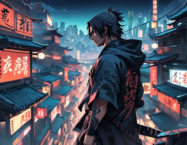 Anime - style illustration of a man in a hooded jacket looking out over a city, samurai cyberpunk, samurai urbano, badass anime 8 k, Dan Mumford. 8K octane rendering, Ronin, Dan Mumford. octan render, Dan Mumford. maya render, Estilo Andreas Rocha, Papel d...