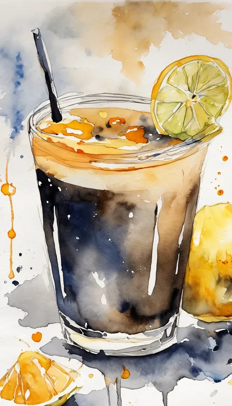 Painting of two cups of black sugar pearl milk tea, super nice decoration, watercolor painting, lemonade glass sketch with marker pen, digital sketch, Drip paint. Perfect color grading. Influenced by Karel Appel and Jeremy Mann, extremely detailed, Beautif...