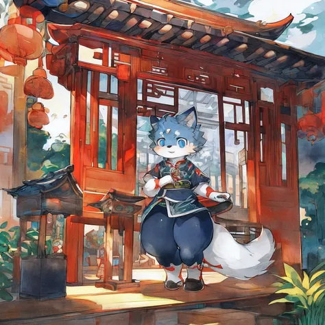 (Furry puppy, bright blue eyes:1.2, White fur, fox boy, stand up, traditional Chinese clothing, thick thighs:1.1, Chinese house)