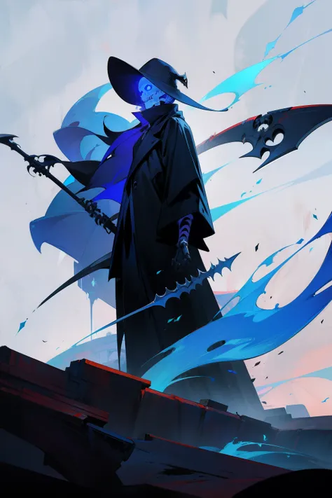 Grim Reaper, Scythe, Canyon, Spilled Blood, Skeleton, Blue Flame, Colorful Style