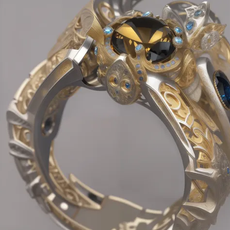 tmasterpiece，best qualtiy，rendering by octane，HDR，
No Man，  with black background， 
（Close-up photo of the ring），golden colored，Complicated details，（sapphires）In the ring，