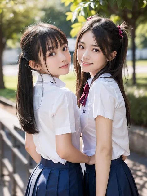 (Close up portrait of girl with slender small breasts with twin-tailed hair in school uniform:1.5)、(Girl Looking Back:1.5)、(School Grounds:1.3)、(tre anatomically correct:1.3)、(complete hands:1.3)、(complete fingers:1.3)、(cleavage of the breast)、Photorealsit...