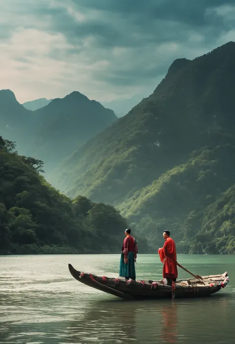 two men standing on a boat in a river with mountains in the background, a picture inspired by Li Keran, pexels contest winner, visual art, ruan jia and brom, vacation photo, ruan jia and fenghua zhong, with mountains in the background, jin shan and ross tr...