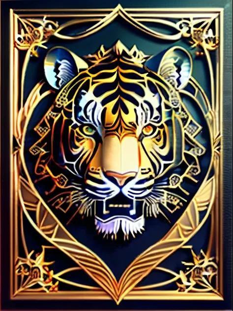 （Zodiac tiger），（Openwork art）， ، simple, Best quality, Beautiful,Fractal art，gold foil,Gold leaf art，Represented in the picture