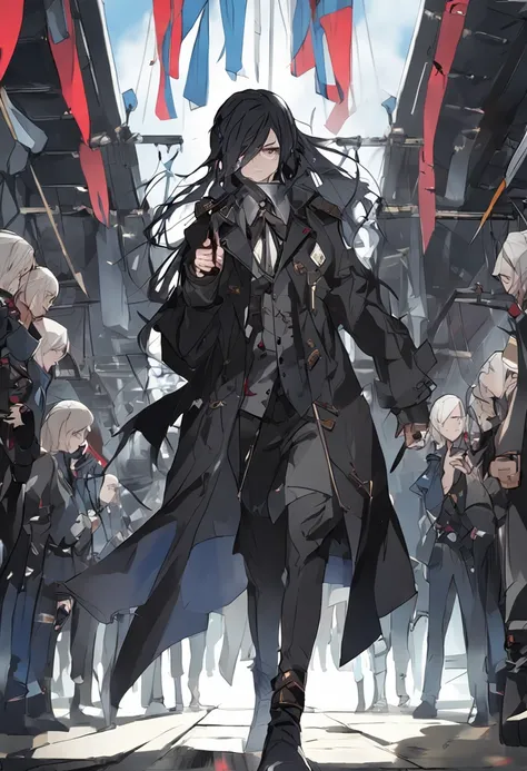 Two-dimensional, black hair, blue eyes, black coat, leg rings, weapons, looking gloomy and lonely, walking towards the audience, (best quality), (masterpiece), perfectly proportioned.