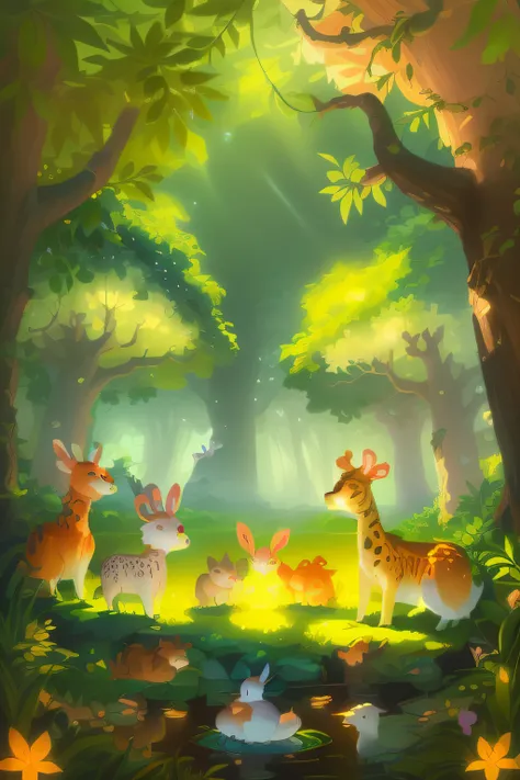 Cartoon forest scene with animals and birds in the forest, a forest with bunnies, A beautiful artwork illustration, Cute detailed digital art, cute storybook illustration, enchanted magical fantasy forest, magical forest background, Official illustration, ...