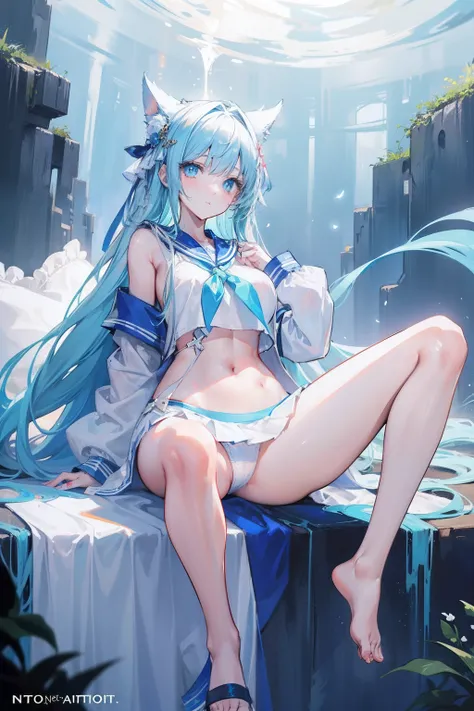 1girll，Perfect face,Radiant skin,Beautiful flowing long hair， Large breasts,exposed bare shoulders，slim toned body，Nice sexy body，tempting pose，Five fingers，Long legs，white  panties，Spread your legs，Light blue sailor suit and light blue cardigan、Light blue...