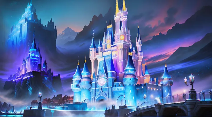 Disneys Frozen Kingdom is a fantasy land with castles and birds, metaverse concept art, concept art magical highlight, detailed photo of virtual world, 8k resolution concept art, 8 K high detail concept art, 8 k concept art, 8k concept art, futuristic casi...