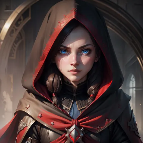 (top Quority，detail-rich，The ultra-realistice：1.2)，assassins creed，Eyes peeking out under the red and black cloak，Blue pupils，Full face mask