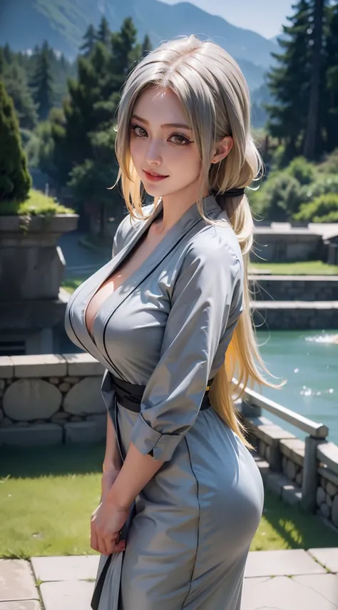 1girl, tsunade in anime naruto, long hair, yellow hair, yellow eyes, smile, beautiful, sexy dress, sexy clothes, grey clothes, very big breast, realistic clothes, detail clothes, outdoor background, ultra detail, realistic