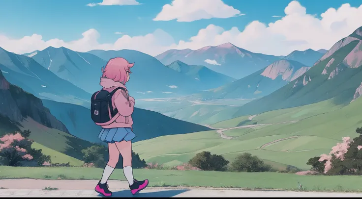 anime girl with short pink hair, pink hoodie hair clip blue skirt black legwear white shoes, green backpack, outdoors, walking in a mountain, from side watching the landscape