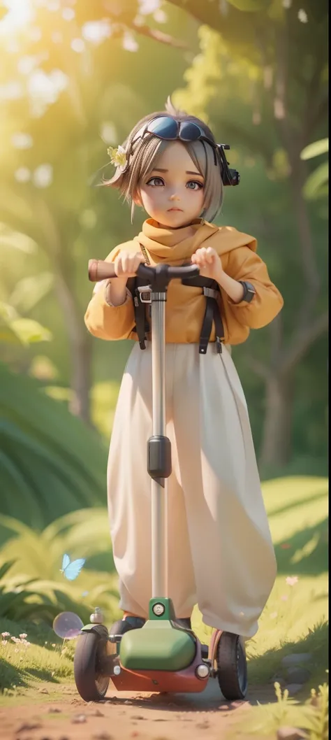 There is a poster，It has a cartoon character standing on a scooter，Female explorer mini cute girl，Walk in the wilderness，Jungle overgrown with flowers，Animation-style rendering，cute 3 d render，Small characters。Unreal Engine5，Stylized anime，Cute and detaile...