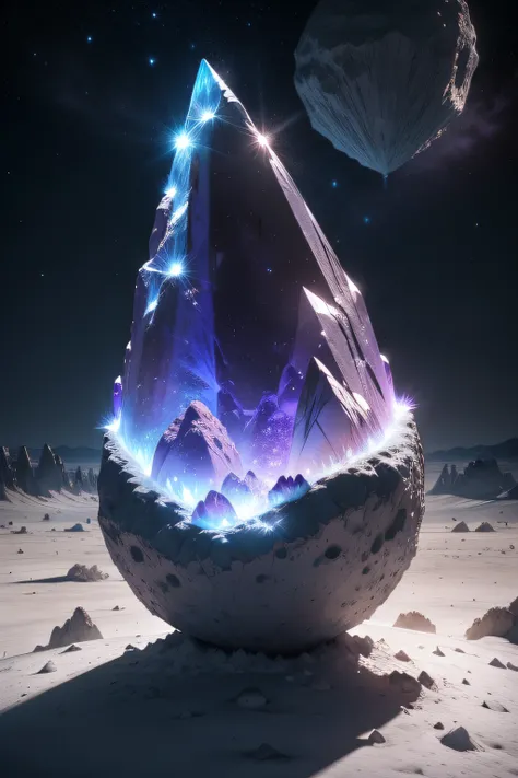 /imagine prompt: On a distant moon, colossal crystals rise from the lunar surface, reflecting the light of distant stars, a cosmic spectacle that unveils the beauty and mysteries of the universe, 3D, surreal rendering with intricate crystal structures, --a...