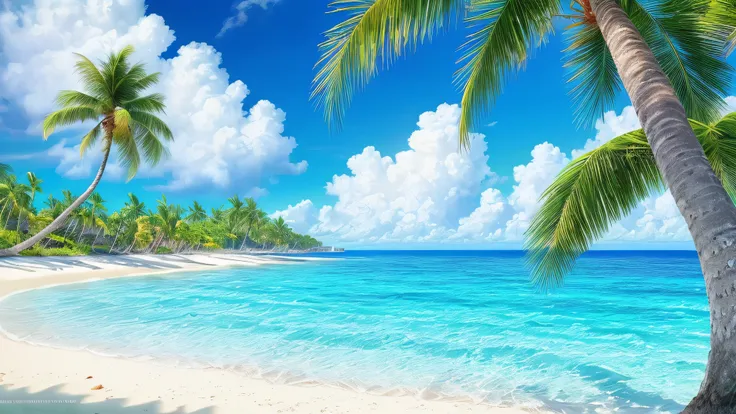 best quality , realistic , no human , (ocean:1.1), (clear water:1.5), island background, palm trees, beach , fluffy clouds in th...