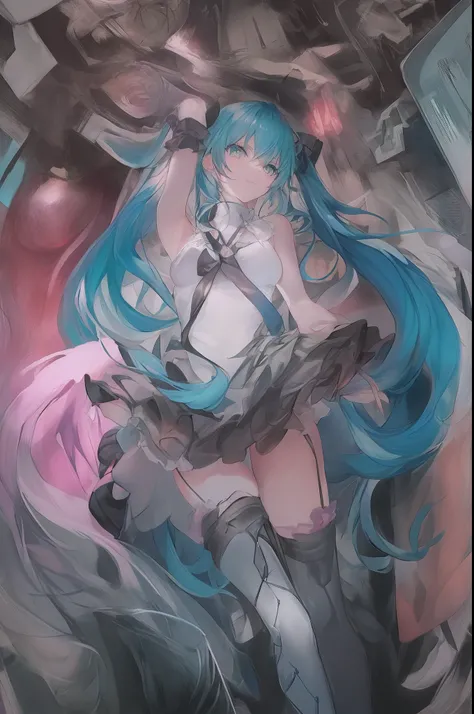 Lets start with a base illustration of a young female character.
Adjust the hair color to Hatsune Mikus iconic turquoise blue.
Style the hair to be very long, reaching below the waist, in twin tails. Ensure the twin tails are evenly balanced and neatly wra...