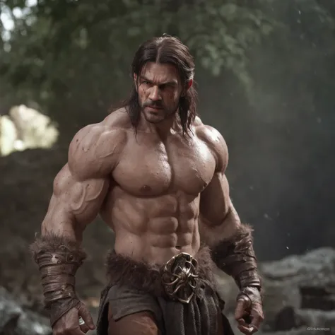 (professional 3d render:1.3) af (Realistic:1.3) most beautiful artwork photo in the world，Features soft and shiny male heroes, ((Epic hero fantasy muscle man rough wet hero angry looking long hair short beard and ferocious expression in dynamic pose, Fanta...