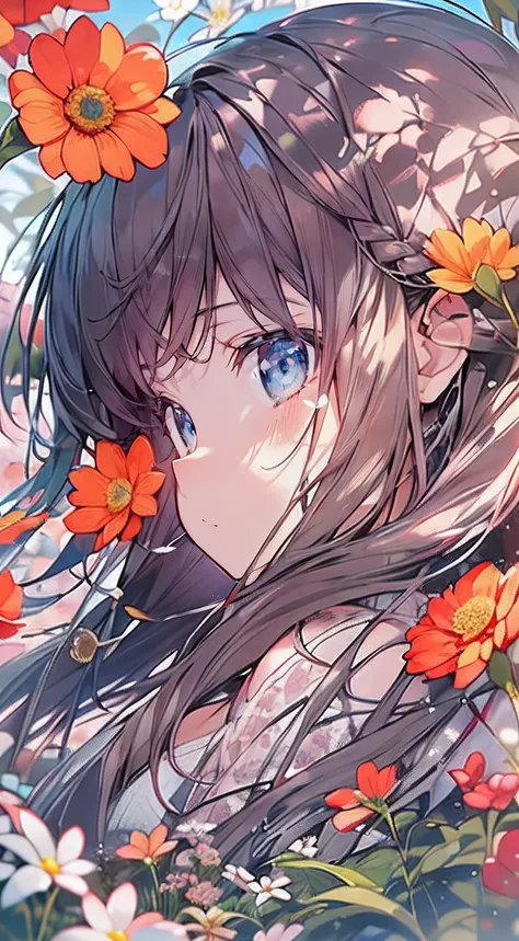 masutepiece, Best Quality,Illustration, Wallpaper, Ultra Detail, Absurd beauty、1 beautiful girl、 (Semi-long hair、short braided hair), Beautiful ultra-detailed eyes , Hair fluttering in the wind、Keep your head small、flower  field、great outdoors、Landscape of...