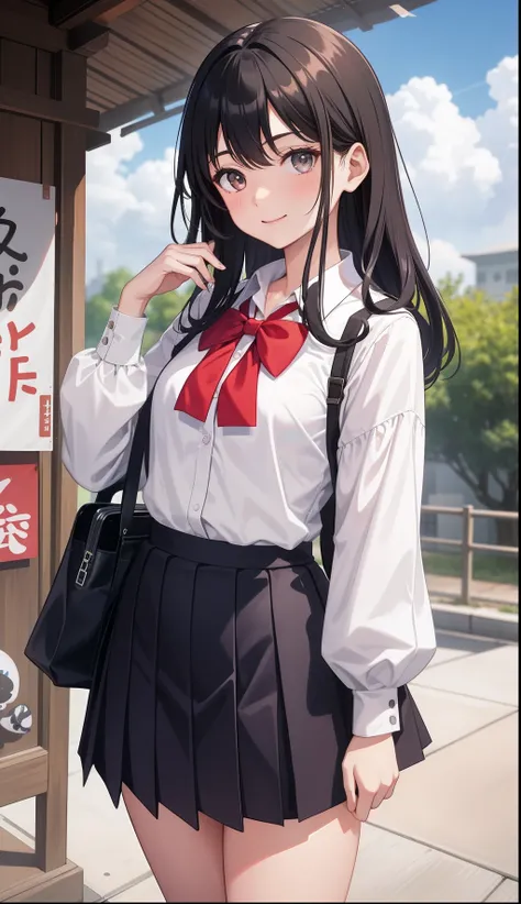 1girl in、AS-Adult、A smile、The shirt、skirt by the、（small tits）Chilarism、Japan High School Student Uniform、serafuku、summer clothing、（Sheer Bra）、Upper body portrait、the wind、