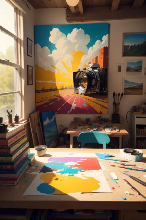 /imagine prompt: A vibrant artists studio, with brushes, paint palettes, and stickers scattered around. Energetic, imaginative, and diverse. Playful colors of bold red, bright yellow, and deep blue fill the space. The artist, surrounded by their creations,...