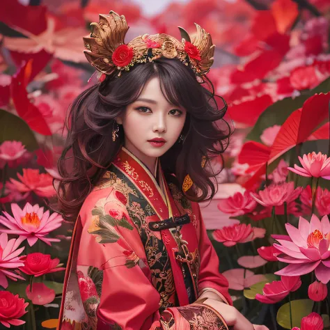 32K（tmasterpiece，k hd，hyper HD，32K）Large flowing curls，Flowing rouge，ponds，zydink， a color，  Asian people （Silly girl）， （Silk scarf）， Combat posture， looking at the ground， Large rolls of rouge， Flowing rouge curls， Crocodile skin skull headdress， Chinese ...