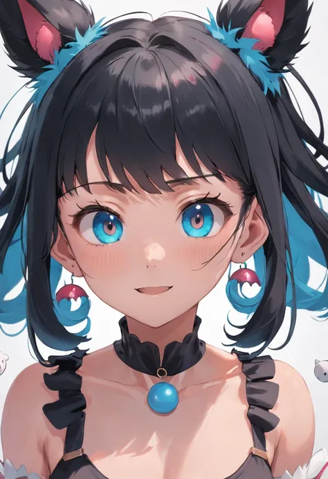 black hair, hair bobbles, wince, longeyelashes, solid circle eyes, fake animal ears, light smile, ear blush, fang, Surrealism, drop shadow, anaglyph, stereogram, tachi-e, pov, atmospheric perspective, 8k, super detail, ccurate, best quality