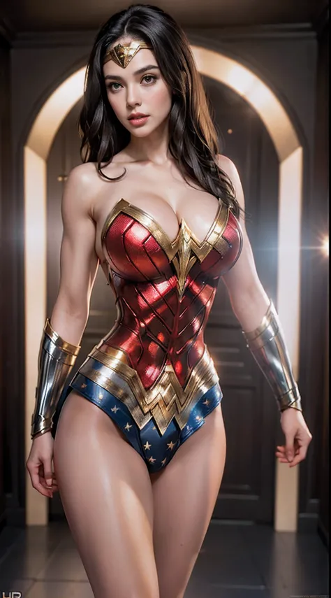 Woman body set largest breasts:1.4, (muscular body), wonder woman costume dress, armor, depth of field, cinematic lighting, reflection light, best quality, HD, 16k, anatomically correct, masterpiece, high quality, highres, UHD