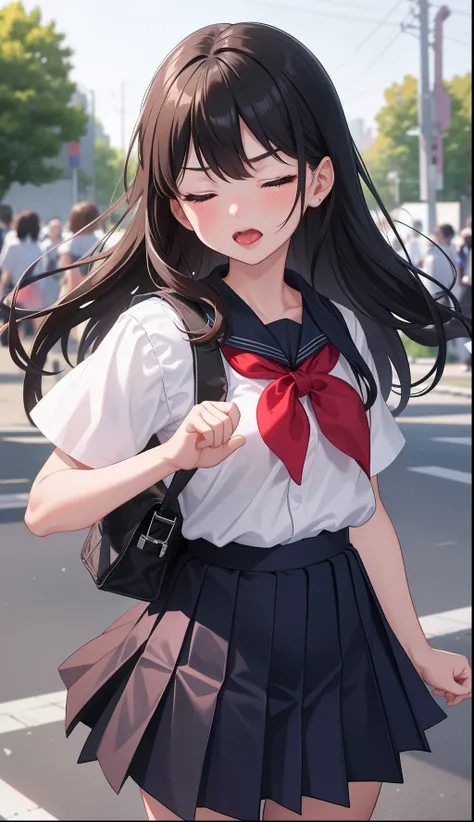 1girl in、AS-Adult、glad、But、Angry、eye closed、put out the tongue、The shirt、skirt by the、（small tits）Chilarism、Japan High School Student Uniform、serafuku、summer clothing、（Sheer Bra）、Upper body portrait、the wind、