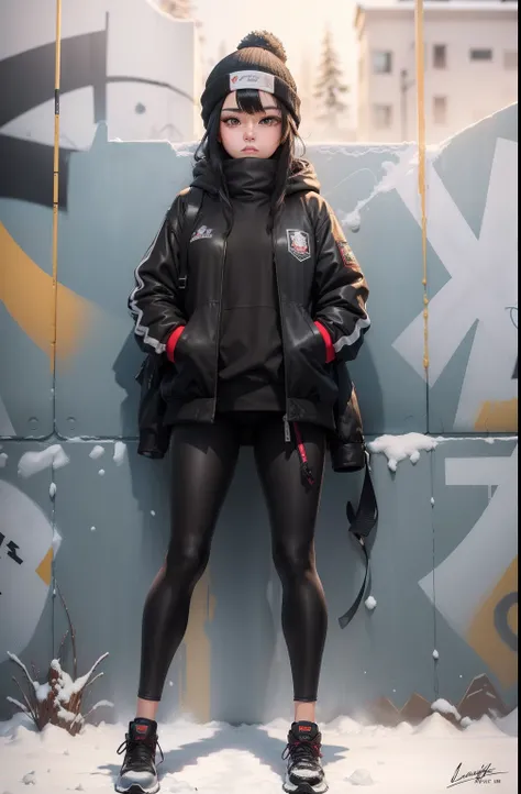 (masterpiece:1.2, best quality), (graffiti wall:1.15), 1lady, beanie, jacket, Leggings, dark black eyes, full body, black hair, Korean, 24k resolution hyperdetailed, winter snow background Leavenworth Washington State,