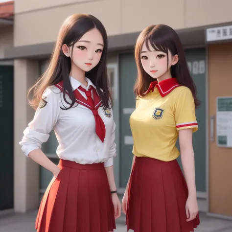 15 years old school girls School uniform.( veteran Yellow sportshirt with red collar.)(red skirt)