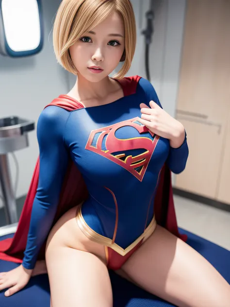 ​masterpiece,Supergirl Costume, short-hair, bare-legged, large full breasts,surgery room、Operating table、straddle、depraved、shiny、Looking at the camera、Provocation