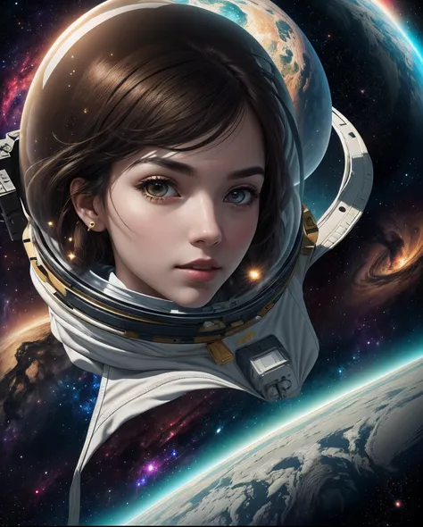 ((master)), ((best quality)), ultra-detailed CG unity 8k wallpaper, incredibly delicate and beautiful illustration, floating, high resolution, dynamic, ((1girl)), brown eyes, brown hair, astronaut suit, dark black background, stellar space, large white lum...