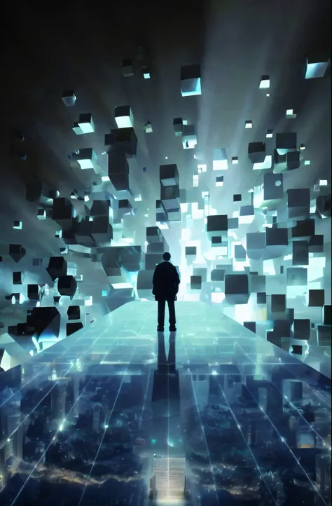 image of arafad of a man standing in front of a cube wall, deeper into the metaverse we go, lit. 'the cube', cube portals, surre...