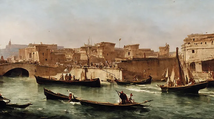 Generate historical images of commercial boats navigating the Tiber River. Show the types of boats used for trade, the goods being transported, and the backdrop of ancient Rome. Capture the essence of river commerce during the time of the Roman Empire, inc...