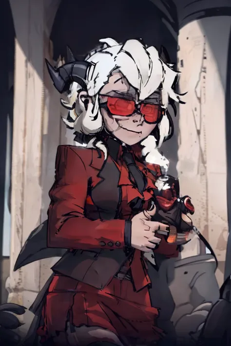 whaite hair，femele，Business suit，short  skirt，High ponytail，sheep horns，The eye，red color eyes，Red wine glasses，Evil smile