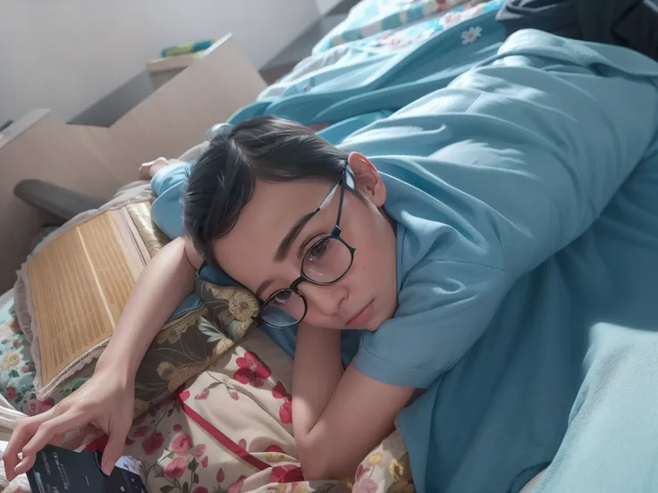 The boy was lying on the bed，Books and glasses on his face, lying at the bed, taken with sony alpha 9, very very low quality picture, taken with a Sony A7R camera, Lie down in bed, laying back on the bed, reclining on her bed, taken with canon 8 0 d, potra...