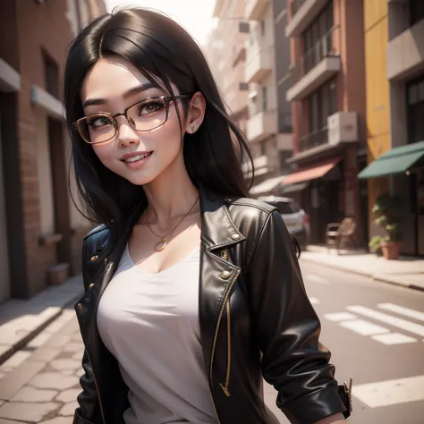 20 years old Asian girl，estilo cartoon 3d，cabelos preto e longos，gold-wire glasses，Lovely smile